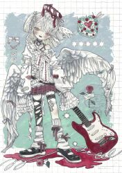  1girl acrylic_paint_(medium) angel angel_day angel_wings cake cherry choker commentary_request cross_tattoo electric_guitar flat_chest flower food frilled_sleeves frills fruit full_body guitar halo halo_ribbon head_tilt heart highres holding holding_guitar holding_instrument instrument karintoun leg_tattoo loose_socks medium_hair miniskirt off_shoulder original painting_(medium) pink_eyes red_ribbon ribbon rose single_bare_shoulder single_thighhigh skirt sleeves_past_fingers sleeves_past_wrists smile socks solo spiked_choker spikes tattoo thigh-highs thigh_strap torn_clothes torn_thighhighs traditional_media white_hair white_wings wings 