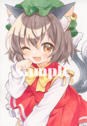  1girl animal_ear_fluff animal_ear_piercing animal_ears blush bow bowtie brown_eyes brown_hair cat_ears cat_tail chen commentary_request earrings fang frilled_skirt frills green_hat hat highres hoop_earrings jewelry long_sleeves looking_at_viewer mob_cap multiple_tails nekomata open_mouth red_skirt red_vest sample_watermark shirt single_earring single_paw_pose skin_fang skirt smile solo tail touhou traditional_media two_tails vest watermark white_shirt yellow_bow yellow_bowtie yuiki_(cube) 