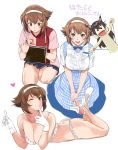  1girl absurdres arai_kei breasts brown_hair character_doll employee_uniform gloves highres large_breasts multiple_views mutsu_(kantai_collection) nagato_(kantai_collection) short_hair underwear uniform white_gloves 
