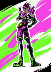  1boy absurdres commentary from_behind from_below full_body gamer_driver hand_up highres kamen_rider kamen_rider_ex-aid kamen_rider_ex-aid_(action_gamer_level_2) kamen_rider_ex-aid_(series) kansetu looking_at_viewer male_focus rider_belt solo standing tokusatsu 