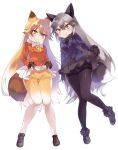  2girls anapom animal_ears black_gloves blonde_hair blush bow bowtie ezo_red_fox_(kemono_friends) fox_ears fox_tail fur_trim gloves hair_between_eyes jacket kemono_friends long_hair long_sleeves looking_at_viewer multicolored_hair multiple_girls pantyhose pleated_skirt shoes silver_fox_(kemono_friends) silver_hair simple_background skirt skirt_lift tail thighband_pantyhose very_long_hair white_background yellow_eyes 