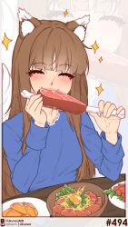  1girl ^_^ absurdres animal_ears blue_shirt blush breasts brown_hair closed_eyes commentary eating egg english_commentary fang food highres holding holding_food holo likunea long_hair long_sleeves meat medium_breasts patreon_logo patreon_username shirt sparkle spice_and_wolf twitter_username twitter_x_logo wolf_ears wolf_girl zoom_layer 