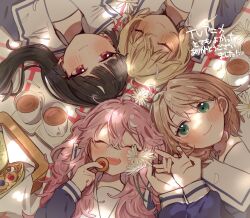  4girls ^_^ aqua_eyes black_hair blonde_hair blush brown_hair closed_eyes closed_mouth coffee coffee_mug commentary_request cookie cup dappled_sunlight day denim denim_shorts dot_nose double-parted_bangs dress eating flower food hair_between_eyes happy highres holding holding_cookie holding_food holding_hands kagari_mimi kimi_ga_shinu_made_koi_wo_shitai lizzy_seiran lying masimaro_fah86 maud_ali mug multiple_girls on_back on_ground open_mouth outdoors picnic picnic_basket picnic_blanket pink_hair purple_dress red_eyes sailor_collar school_uniform short_hair shorts smile sunlight totsuki_shiina white_flower white_sailor_collar yuri 