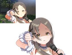  1girl arm_guards bare_shoulders brown_eyes brown_hair brown_shirt collar commentary dot_nose frilled_collar frills gakuen_idolmaster game_screenshot_inset hair_ornament hairclip hajime_(idolmaster) hand_up highres holding holding_microphone idolmaster kohiru_atsuku kuramoto_china long_hair looking_at_viewer microphone parted_bangs parted_lips portrait screenshot_inset shaded_face shirt simple_background sleeveless sleeveless_shirt solo thumbs_down white_background white_collar white_wrist_cuffs wrist_cuffs 