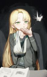  1girl :o afterimage black_robe blonde_hair blowing diamond-shaped_pupils diamond_(shape) earrings green_eyes harry_potter_(series) highres hogwarts_school_uniform jewelry long_hair looking_at_object malfoid origami paper_crane robe scene_reference school_uniform sitting solo straight_hair symbol-shaped_pupils very_long_hair wizarding_world yukiho_(69865456) 