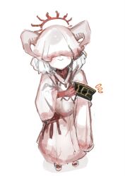  1other :> armband asymmetrical_sleeves black_armband blush child closed_mouth colored_skin commentary_request covered_eyes dot_nose dress from_above halo harume_neko highres horns limbus_company looking_at_viewer mary_janes medium_hair multicolored_skin project_moon pwie_(project_moon) red_halo red_skin shoes simple_background sleeves_past_fingers sleeves_past_wrists solo two-tone_skin veil white_background white_dress white_hair white_horns white_skin white_veil 