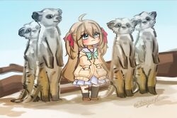  1girl ahoge aqua_bow aqua_bowtie asymmetrical_legwear black_socks black_thighhighs blue_eyes blue_sailor_collar blue_skirt bow bowtie brown_cardigan brown_hair brown_shoes cardigan closed_mouth commentary deformed english_commentary evil_neuro-sama evil_neuro-sama_(1st_costume) from_side full_body hair_between_eyes hair_ornament hair_ribbon heart heart_hair_ornament highres long_hair meerkat outdoors philovyc pleated_skirt red_ribbon ribbon sailor_collar shoes single_sock single_thighhigh skirt socks standing thigh-highs twitter_username two_side_up uneven_legwear vedal_ai 