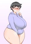  1girl between_legs between_thighs big_belly black_hair blush body_blush breasts brown_eyes covering covering_crotch fat glasses hand_between_legs hood hoodie huge_breasts magure_senshi messy_hair naked_hoodie nose_blush original plump semi-rimless_glasses short_hair solo steam sweat sweater thick_eyebrows thick_thighs thighs very_short_hair wide_hips wide_sleeves zipper 