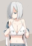  1girl bare_shoulders blue_eyes blush bob_cut bra breasts cleavage clothes_writing collarbone commentary_request hair_ornament hamakaze_(kantai_collection) kantai_collection kichihachi large_breasts navel one_eye_covered pout silver_hair simple_background skirt solo translated underwear undressing white_bra 