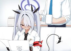  1boy 1girl armband black_gloves black_necktie black_tail blue_archive blue_necktie breast_pocket breasts collared_shirt commentary_request dark-skinned_female dark_skin demon_tail gloves grey_hair hair_over_one_eye hair_ribbon halo highres indoors iori_(blue_archive) long_hair long_sleeves mintchoco_(minchothudong) necktie parted_bangs pocket pointy_ears purple_halo red_armband red_eyes ribbon schale_logo sensei_(blue_archive) shirt sleeves_rolled_up tail twintails white_shirt 