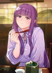  1girl :t blurry blurry_background breasts chair closed_mouth commentary desk dress eating eyebrows_hidden_by_hair eyelashes fern_(sousou_no_frieren) floral_print food half-closed_eyes half_updo hand_up head_tilt highres holding holding_spoon hutarikiri2025 indoors large_breasts lens_flare light_blush long_dress long_hair long_sidelocks long_sleeves looking_at_viewer narrow_waist print_dress purple_dress purple_hair restaurant sidelocks smile sousou_no_frieren spoon table untranslatable_commentary very_long_hair violet_eyes window wooden_chair wooden_table 