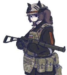  1girl animal_ears apartment as_val assault_rifle b1-517 black_eyes black_hair cat_ears commentary english_commentary fake_animal_ears gloves gun helmet highres load-bearing_equipment marusha_(b1-517) night original pleated_skirt ribbon_of_saint_george rifle russian_flag russian_ground_forces russo-ukrainian_war scar scar_on_neck signature skirt soldier solo track_suit tree twintails weapon white_background 