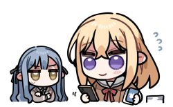  2girls bang_dream! bang_dream!_it's_mygo!!!!! bang_dream!_our_notes blonde_hair chibi chibi_only clipe commentary_request crossed_arms gift_card hanasakigawa_school_uniform haneoka_school_uniform long_hair misumi_uika multiple_girls school_uniform sidelocks simple_background togawa_sakiko violet_eyes white_background yellow_eyes 