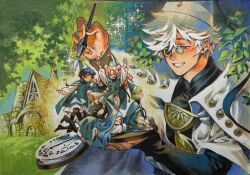  1boy 4girls agott_arklaum_(tongari_boushi_no_atelier) arms_up black_hair blonde_hair blue_eyes blue_hair blush closed_eyes coco_(tongari_boushi_no_atelier) commentary curtained_hair full_body grass hair_over_one_eye hand_up hat holding holding_pen house iria_arts leaf long_hair long_sleeves looking_at_another lower_teeth_only lying mini_person multiple_girls nib_pen_(object) on_stomach open_mouth pen pink_hair qifrey's_atelier_apprentice_uniform qifrey_(tongari_boushi_no_atelier) richeh_(tongari_boushi_no_atelier) short_hair sitting smile standing tassel teeth tetia_(tongari_boushi_no_atelier) tongari_boushi_no_atelier traditional_media tree untranslatable_commentary white_hair wizard_hat 