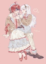  1boy 1girl absurdres ahoge alternate_costume alternate_hairstyle black_hair blue_eyes blue_hat bow bowtie brown_jacket brown_shoes closed_eyes collared_shirt commentary_request hair_between_eyes hat heart hetero high_heels highres jacket kashimiya_karua layered_skirt long_hair long_skirt long_sleeves mole mole_under_eye multicolored_eyes multicolored_hair necktie open_mouth pants pink_background pink_eyes pink_socks pink_sweater plaid_clothes plaid_hat polka_dot polka_dot_background red_bow red_bowtie red_hair red_necktie red_shoes red_trim ribbed_socks ribbed_sweater shirt shoes short_hair sitting sitting_on_lap sitting_on_person skirt smile socks streaked_hair sumino_takumi sweater swtr_hndr the_hundred_line_-last_defense_academy- translation_request two-tone_eyes two-tone_hair two-tone_hat white_hat white_pants white_shirt white_socks 