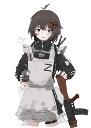  1girl absurdres ak-74 alcohol antenna_hair assault_rifle bike_shorts black_jacket blush blush_stickers bottle bow character_request commentary cyrillic english_commentary enmaided flag_patch gun hair_bow highres holding holding_bottle jacket kalashnikov_rifle looking_at_viewer maid medium_hair nervous_sweating original oya_(o_ya) patch ribbon_of_saint_george rifle russian_text russo-ukrainian_war second-party_source solo sweat track_jacket vodka weapon white_background z_(russian_symbol) zipper_pull_tab 