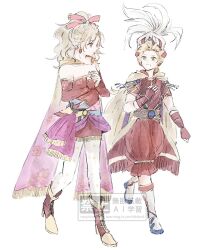  1boy 1girl blonde_hair boots breasts cape commentary_request detached_sleeves dissidia_duellum_final_fantasy dissidia_final_fantasy dress earrings ff14hioo_oo7 final_fantasy final_fantasy_iii final_fantasy_vi fingerless_gloves full_body gloves gold_trim green_eyes hair_ribbon hand_on_own_chest helmet jewelry korean_commentary long_hair looking_at_viewer medium_breasts onion_knight own_hands_together pants pantyhose parted_bangs parted_lips pink_cape pink_ribbon plume ponytail print_pantyhose red_boots red_dress red_eyes red_gloves red_pants red_sleeves ribbon sash short_dress short_hair smile strapless strapless_dress teeth terra_branford tube_dress waist_sash walking white_background white_boots yellow_cape 