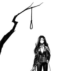  1girl belt branch choker coat collared_shirt cowboy_shot expressionless fee_llament highres implied_suicide lcb_uniform_(project_moon) limbus_company limited_palette long_hair mole monochrome noose project_moon rodion_(project_moon) shirt simple_background tree vest white_background 