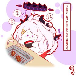  absurdres ahoge black_wings blue_archive blush bowl chopsticks commentary_request dated eating flying_sweatdrops grey_hair hair_ornament hairclip halo highres hina_(blue_archive) holding holding_bowl holding_chopsticks horns kurukurumagical long_hair motion_lines outline parted_bangs parted_lips red_outline rice single_hair_intake solo sweat translation_request v-shaped_eyebrows very_long_hair violet_eyes white_background wings 