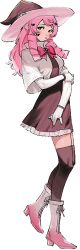  1girl black_eyes blush boots bow bowtie bright_pupils broken_heart broken_heart_hair_ornament dress drill_hair drill_sidelocks elbow_gloves facial_mark full_body gloves hair_ornament hand_on_own_elbow hat heart heart_hair_ornament high_heel_boots high_heels kirahoshi_aika long_hair looking_at_viewer official_art pale_skin pink_bow pink_hair pout short_sleeves shy_(series) sidelocks thigh-highs white_gloves white_pupils witch_hat 