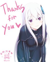  1girl black_dress blue_butterfly breasts bug butterfly butterfly_hair_ornament commentary_request dress echidna_(re:zero) english_text hair_between_eyes hair_ornament heart highres light_smile long_hair looking_at_viewer medium_breasts pue4649 re:zero_kara_hajimeru_isekai_seikatsu solo thank_you translation_request twitter_username violet_eyes white_background white_hair 