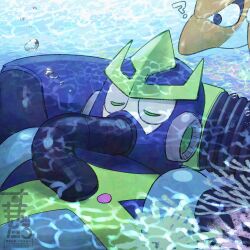  artist_logo bubble closed_eyes commentary_request covered_mouth dolphin fan_request head_on_hand highres logo lying mega_man_(classic) mega_man_(series) mega_man_5 on_back robot robot_ears scattero404 sleeping tagme underwater water watermark wave_man 