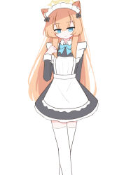  1girl alternate_costume animal_ear_fluff animal_ears apricotlemontea apron black_dress blue_archive blue_bow blue_bowtie blue_eyes bow bowtie cat_ears cat_girl commentary_request contrast_collar crossed_legs double-parted_bangs dress enmaided feet_out_of_frame frilled_apron frills hair_between_eyes halo highres long_hair long_sleeves looking_at_viewer maid maid_apron maid_headdress mari_(blue_archive) sidelocks simple_background solo thigh-highs very_long_hair white_background white_thighhighs yellow_halo zettai_ryouiki 