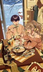  1boy 1girl absurdres alcohol bare_shoulders beer beer_bottle beer_can beer_mug black_hair blush bottle brown_hair can chikuwa chopsticks collared_shirt cup drink_can drunk fish_cake food haimian_fang_kuku highres holding holding_cup kinchaku_(food) konnyaku_(food) long_hair mug noodles oden off-shoulder_sweater off_shoulder original ponytail ramen sake shirt smile sweater sweater_vest white_shirt 