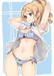  1girl arms_up ayase_eli blue_bra blue_eyes blue_panties bow bow_panties bra breasts cleavage collared_shirt cowboy_shot eyebrows_visible_through_hair groin hair_ornament hair_scrunchie hips long_hair looking_to_the_side love_live! love_live!_school_idol_project medium_breasts navel open_clothes open_shirt panties parted_lips paseri ponytail scrunchie shirt short_sleeves solo thighs underwear wavy_hair white_shirt 