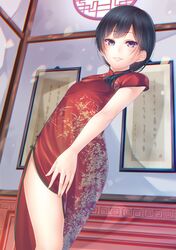  1girl black_hair china_dress chinese_clothes dress indoors looking_at_viewer noppi_(noppi_98) original short_hair side_slit smile solo standing violet_eyes 