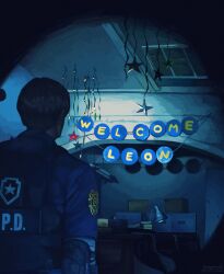  1boy absurdres black_vest blue_shirt blue_theme elbow_pads from_behind highres indoors leon_s._kennedy letter_banner male_focus oohchismeca police police_uniform resident_evil resident_evil_2 resident_evil_2_(remake) shirt short_hair solo streamers vest 