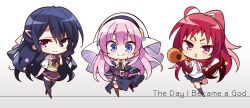  >:) 3girls ahoge black_dress black_hair black_skirt black_socks black_thighhighs blue_eyes blunt_bangs blush blush_stickers boots bow bowtie brown_boots brown_bow brown_skirt chest_bow chibi chibi_only closed_mouth collared_shirt commentary_request copyright_name dress dress_shirt eyes_visible_through_hair full_body hair_ornament hairclip half_updo hands_on_own_hips izanami_kyouko kamisama_ni_natta_hi kneehighs komowata_haruka long_hair looking_at_viewer miniskirt multiple_girls narukami_sora necktie nun official_art open_mouth pink_hair pleated_skirt ponytail red_eyes red_hair red_necktie sailor_collar sailor_shirt satou_hina_(kamisama_ni_natta_hi) school_uniform serafuku shirt short_eyebrows short_sleeves side-by-side sidelocks simple_background skirt smile socks split_mouth standing standing_on_one_leg star_(symbol) sweater_vest tareme thigh-highs v-shaped_eyebrows veil very_long_hair violet_eyes wavy_hair white_background white_sailor_collar white_shirt white_veil yellow_bow yellow_bowtie yellow_sweater_vest zettai_ryouiki 