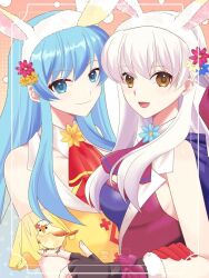  1other 2girls animal_ears bird bird_on_hand blue_eyes blue_hair breasts eirika_(fire_emblem) eirika_(spring_company)_(fire_emblem) fire_emblem fire_emblem:_radiant_dawn fire_emblem:_the_sacred_stones fire_emblem_heroes highres large_breasts long_hair looking_at_viewer micaiah_(fire_emblem) micaiah_(spring_company)_(fire_emblem) multiple_girls official_alternate_costume open_mouth rabbit_ears smile sylphy_fe white_hair yellow_eyes 
