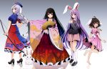  4girls ahoge animal_ears bangs barefoot black_hair black_shoes blazer blue_eyes blue_skirt bow_(weapon) braid bunnysuit buttons carrot_necklace closed_mouth crescent dress fan folding_fan full_body hat high_heels hime_cut houraisan_kaguya inaba_tewi jacket japanese_clothes kimono kneehighs long_hair long_skirt long_sleeves looking_at_viewer miniskirt multicolored multicolored_clothes multicolored_skirt multiple_girls nail_polish necktie nurse_cap open_mouth outstretched_arm parted_lips pink_dress pink_skirt pleated_skirt puffy_short_sleeves puffy_sleeves purple_hair purple_shoes rabbit rabbit_ears red_eyes red_necktie red_skirt reisen_udongein_inaba shoes short_hair short_sleeves single_braid skirt smile standing touhou very_long_hair weapon white_hair white_legwear wide_sleeves yagokoro_eirin yuuka_nonoko 