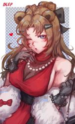  1girl bleparts blue_eyes brown_hair dress gloves highres jewelry limbus_company long_hair necklace pearl_necklace project_moon red_dress rodion_(project_moon) simple_background 