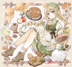  1girl animal apple apron basket bird black_ribbon blonde_hair boots border braid braided_twintails bread brown_boots buttons center_frills closed_mouth clothed_animal commentary cookie cookie_jar croissant cutting_board daisy_(flower) dress duck fashion_style_request flower food frilled_apron frilled_dress frilled_socks frills fruit green_dress highres inset_border jam jar lace-up_boots leaf lemon lemon_slice long_hair long_sleeves orange_flower original ornate_border pie pitcher_(container) print_apron ribbon shirt sitting smile socks solo tententuyu tulip twin_braids waist_apron white_apron white_flower white_shirt white_socks yellow_flower yellow_ribbon 
