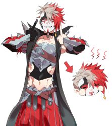  1boy abs absurdres armor black_facepaint black_gloves cancanbaobao55 chibi closed_eyes clown_makeup commentary double_middle_finger facepaint fire_emblem fire_emblem:_fortune's_weave full_face_makeup gloves grey_hair hair_over_one_eye highres jester_(fire_emblem) looking_at_viewer male_focus middle_finger multicolored_hair muscular muscular_male navel pauldrons red_hair shoulder_armor simple_background single_glove smile solo spiked_jacket spiked_pauldrons spikes tears teeth two-tone_hair untranslatable_commentary white_background white_facepaint 