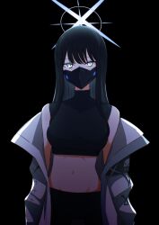 1girl armband black_armband black_hair black_mask black_pants blue_archive blue_eyes blue_halo breasts chest_harness coat colored_inner_hair commentary_request crop_top fuyuka_natsuki halo harness highres large_breasts long_hair long_sleeves mask midriff mouth_mask multicolored_hair navel pants saori_(blue_archive) solo techwear very_long_hair white_coat 