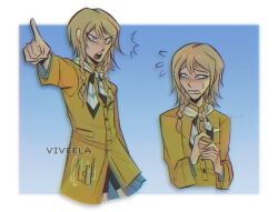  1boy artist_name black_neckerchief blonde_hair braid coat commentary danganronpa_(series) danganronpa_2:_goodbye_despair danganronpa_2x2 english_commentary flying_sweatdrops grey_eyes higashi_sakutaro highres low_twin_braids mole mole_under_eye multicolored_neckerchief multiple_views neckerchief pointing pointing_at_viewer twin_braids two-tone_neckerchief viveelas white_neckerchief yellow_coat 