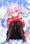  1girl 3: ahoge animal_slippers bangs bedroom black-framed_eyewear black_legwear black_skirt blush character_doll closed_mouth cup curtains eyebrows_visible_through_hair fate/grand_order fate_(series) fou_(fate/grand_order) glasses hair_over_one_eye hands_up hood hoodie indoors keepout knees_together_feet_apart looking_at_viewer mug pantyhose pink_hair pleated_skirt polka_dot_pillow semi-rimless_glasses shielder_(fate/grand_order) short_hair sitting skirt slippers solo stuffed_animal stuffed_toy thighs under-rim_glasses violet_eyes 