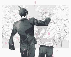  2boys amputee belt chainsaw_man commentary_request denji_(chainsaw_man) dress_shirt earrings falling_petals from_behind greyscale hand_on_another's_head hayakawa_aki highres jewelry male_focus monochrome multiple_boys petals pink_petals shirt shirt_tucked_in short_hair siraco_(sira5_3) suit suit_pants topknot 