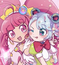  2girls babybweep blue_hair blush bow bowtie commentary crossover cure_star dreamy_chelsea earrings english_commentary hair_ornament highres jewelry long_hair magical_girl mahou_shoujo_ikusei_keikaku mahou_shoujo_ikusei_keikaku_breakdown multicolored_eyes multicolored_hair multiple_girls one_eye_closed open_mouth pink_bow pink_bowtie pink_eyes pink_hair pink_nails precure short_hair smile star_twinkle_precure tongue tongue_out twintails 