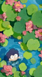  1boy a'gen_(the_legend_of_luoxiaohei) black_hair chibi chibi_only flower highres lotus lotus_leaf male_focus official_art partially_submerged pink_flower river round_eyewear solo swimsuit the_legend_of_luo_xiaohei topless_male water zaoshu 