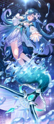  1girl aqua_eyes aqua_hair breasts commentary_request detached_sleeves floating flower full_body genshin_impact glowing hair_flower hair_ornament hair_over_one_eye highres kito_(sorahate) long_hair looking_at_viewer merfolk mermaid monster_girl musical_note pearl_hair_ornament puffy_detached_sleeves puffy_sleeves reaching reaching_towards_viewer small_breasts smlie solo tattoo teeth very_long_hair vodyanitsa_(genshin_impact) vodyanitsa_(water_imp)_(genshin_impact) water white_flower white_sleeves 
