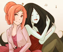  2girls adventure_time animification black_hair closed_eyes closed_mouth commentary elentori english_commentary highres long_hair marceline_abadeer multiple_girls official_alternate_costume official_alternate_hairstyle open_mouth pink_hair princess princess_bonnibel_bubblegum princess_bonnibel_bubblegum_(what_was_missing) singing smile tiara 