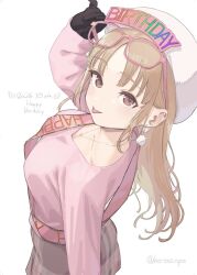  1girl :p adjusting_eyewear black_gloves blonde_hair breasts brown_skirt commentary dated earrings from_side gloves happy_birthday hat herio highres jewelry large_breasts long_hair looking_at_viewer looking_to_the_side necklace nijisanji parted_bangs pink-framed_eyewear pink_sweater pom_pom_(clothes) pom_pom_earrings simple_background sister_claire sister_claire_(4th_costume) skirt solo sweater tongue tongue_out twitter_username untranslatable_commentary virtual_youtuber white_background white_hat 