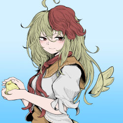  1girl alternate_hair_length_(longer) baby_animal bird blonde_hair blue_background chick closed_mouth commentary_request detached_wings fe_(tetsu) from_side gradient_background holding_ankh long_hair looking_at_viewer looking_to_the_side multicolored_hair necktie niwatari_kutaka puffy_short_sleeves puffy_sleeves red_eyes red_hair red_necktie shirt short_sleeves smile solo touhou two-tone_hair upper_body white_shirt wings yellow_wings 