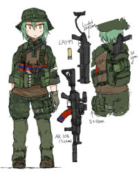  1girl ak-104 ammunition_pouch backpack bag boonie_hat bottle camouflage digital_camouflage dutchko english_text eotech facing_viewer foregrip gaiters gloves gm94 green_hair green_hat grenade_launcher hat highres kalashnikov_rifle lita_(dutchko) load-bearing_vest magazine_(weapon) military military_uniform multiple_views optical_sight original pouch russia short_hair sight_magnifier sleeves_rolled_up soldier solo solo_focus standing suppressor tactical_clothes tactical_gloves vertical_foregrip water_bottle weapon white_background yellow_eyes 