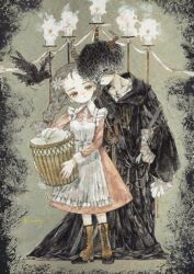  1boy 1girl acrylic_paint_(medium) apron basket bird black_cloak black_gloves black_hair boots braid brown_eyes candle cloak closed_mouth crow demon dress expressionless flower full_body gloves grey_background hair_flower hair_ornament hat highres holding holding_basket hood hooded_cloak karintoun long_hair long_sleeves looking_down mask original painting_(medium) pale_skin shirt signature standing stitches traditional_media watercolor_(medium) white_shirt 
