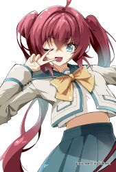  1girl absurdres ahoge blue_eyes blue_skirt bow bowtie commentary_request fang highres jacket julie_stacy kayoupii long_hair looking_at_viewer muv-luv muv-luv_girls_garden one_eye_closed open_mouth pixiv_username red_hair school_uniform shirt simple_background skirt solo twintails v v_over_eye very_long_hair white_background white_shirt yellow_bow yellow_bowtie 